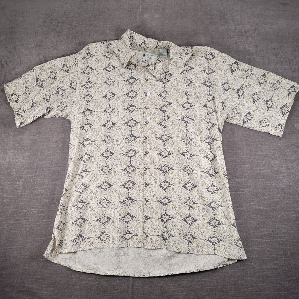 Vintage Silk Button Up Shirt Paisley Print Short Sleeve Casual Mens Large